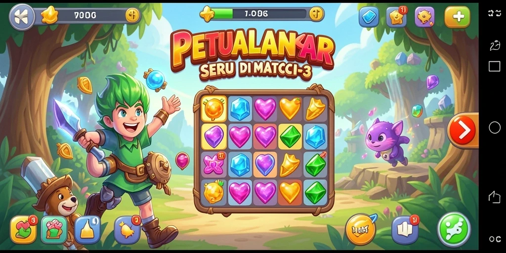 Screenshot gameplay 73K yang menunjukkan aksi mencocokkan permata.