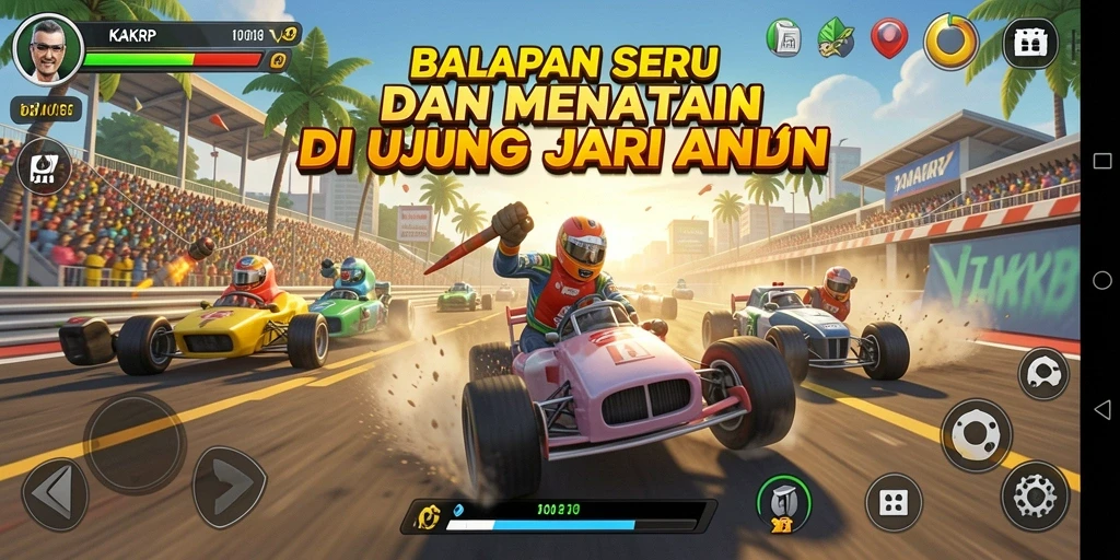 Tangkapan layar utama KAKRP menampilkan aksi balapan yang intens dan grafis yang memukau.
