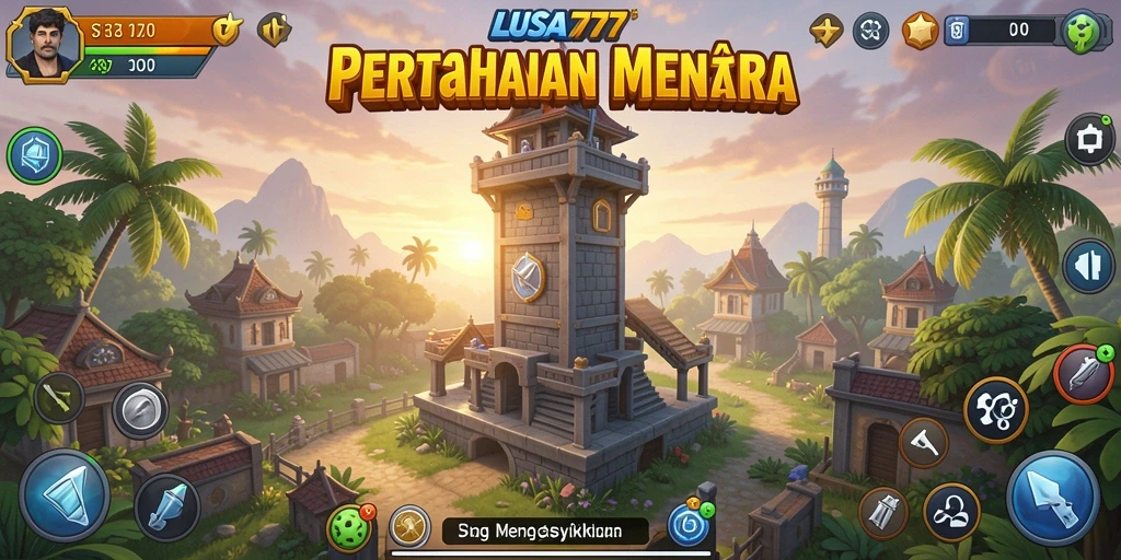 Tampilan gameplay LUSA777 dengan menara menarik dan strategi pertahanan.