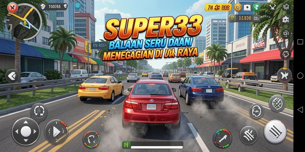 Tampilan gameplay SUPER33 yang mendebarkan dengan mobil balap melaju cepat.